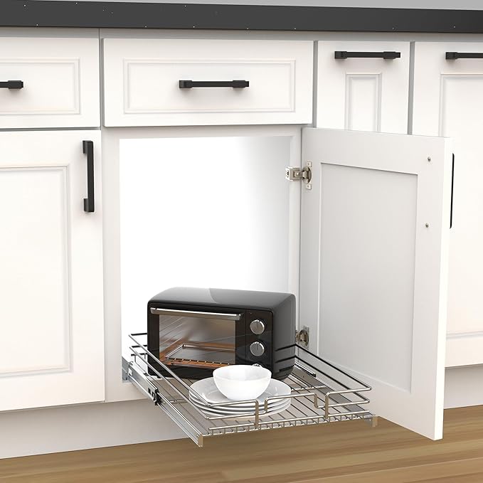 Pull Out Cabinet Organizer, Heavy-Duty Metal Sliding Drawer Shelf for Kitchen Cabinets, Chrome, Doesn't Include Door Fittings (17 * 21 IN)