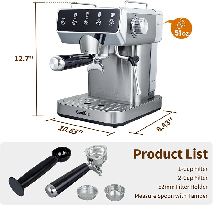 Expresso Coffee Machines with Touchscreen 20 Bar Professional Espresso Maker with Milk Frother & Hot Water, Stainless Steel Coffee Maker for Latte Americano, Cappuccino Machine for Home Office
