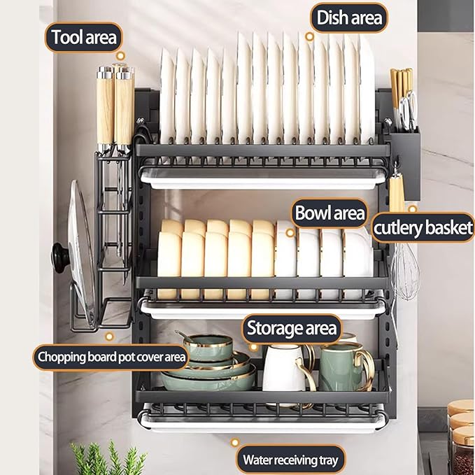 Wall Mounted Dish Drying Rack,Large Dish Drainer Drying Rack for Kitchen Counter,Multi-Level Kitchen Organizer with Drainboard Double-Layer Model(White,2 Tier 42cm)