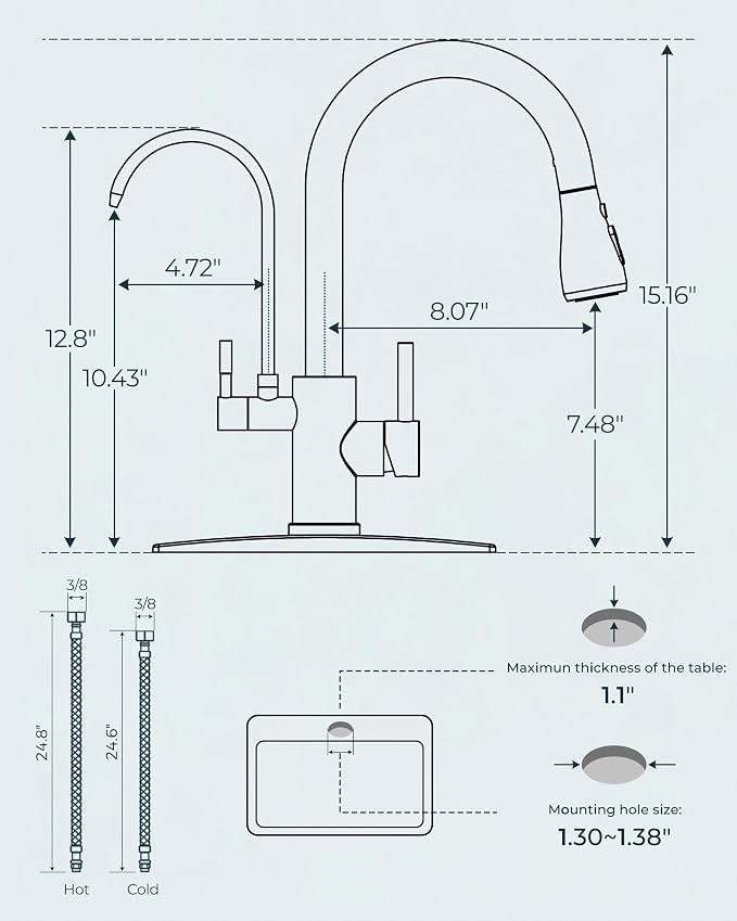 FORIOUS Black Kitchen Faucets with Water Filter, 2 in 1 Stainless Steel Pull Down Sink Faucet and Purified Water Faucet Rustic High Arc Single Handle with Detachable Deck for 1 or 3 Hole