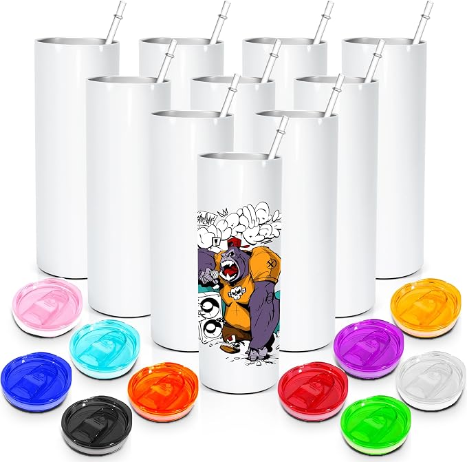 AGH 10 Pack Sublimation Tumblers Blank with Colorful Lids 20 OZ Straight Skinny Tumbler with Straw, Stainless Steel Double Wall Insulated Tumbler for Tumbler Press Machine