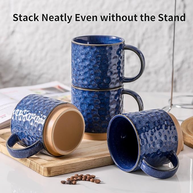 Nihow 16 OZ Ceramic Coffee Mug with Stackable Stand,Set of 4,Blue | Stainless Stand Included, Cappuccino & Tea, Hot/Cold Drinks, Dishwasher & Microwave Safe