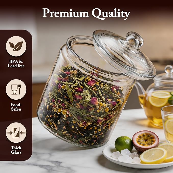 Masthome 1 Gallon Glass Cookie Jar with Airtight Lid, Large Clear Glass Storage Canister, Wide Mouth Food Storage Container for Pantry, Kitchen, Flour, Sugar, Pasta, Cookies, Candy, Dog Treats