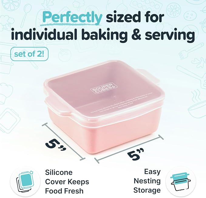 Souper Cubes Ceramic Baking Dishes 2.0-5" x 5" Baking Dishes with Silicone Lids, Individual Baking Dishes for Oven, Microwave, Oven and Air Fryer Safe, USA Made, Set of 2 - Cotton Candy