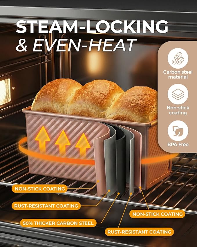 CARTMAN 3-Piece Pullman Loaf Pan with Lid Set – Non-Stick Carbon Steel Bread Pan with Bottom Vents – Includes Large (12"), Medium (8") & Mini (7") Sizes plus Silicone Tools – Champagne Gold