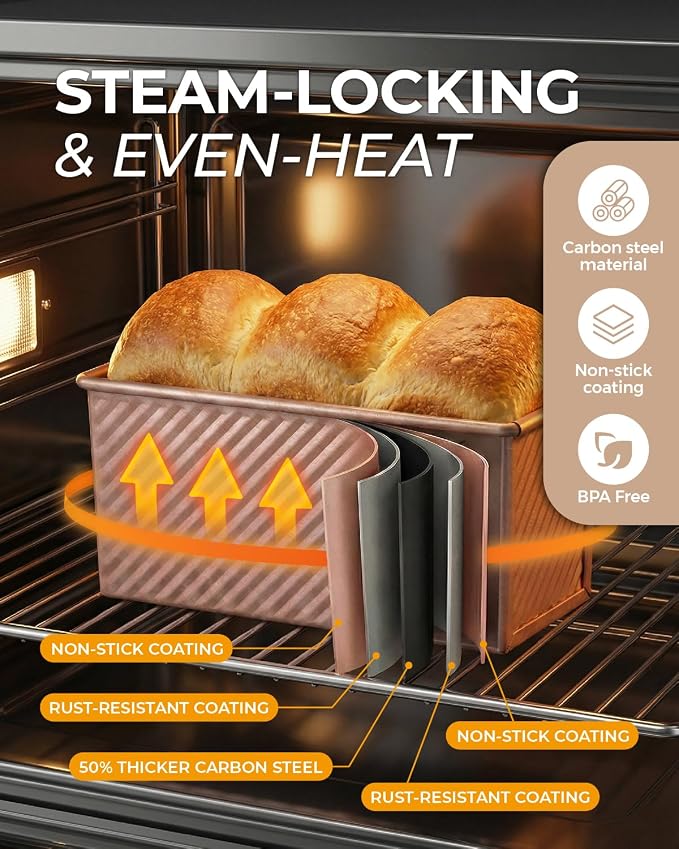 CARTMAN Bread Loaf Pan 2 Pack, 8x4 Pullman Loaf Pan with lid and a Silicone Spatula and Basting Pastry Brush, 1 lb Dough Capacity,Non-Stick Carbon Steel bread pans for homemade bread Champagne Gold
