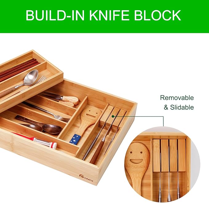 Double Layer Bamboo Kitchen Drawer Organizer Cutlery Utensil Silverware Drawer Organizer, cutlery Silverware Tray for Drawer, deep Utensil Holder Drawer Dividers for Flatware (L: 16.85 × 12.2 in)