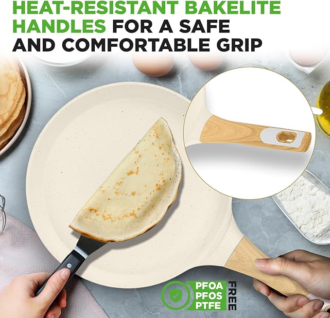 NutriChef 11” Non-Stick Crepe Pan with Wooden Spreader, Durable Marble Coated Tawa Pan for Roti Indian, Comal para Tortillas and Tacos With Induction Bottom, Round Griddle (White Cream Marble)