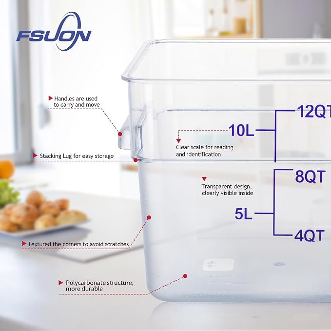 4 Pack 12 Qt Square Polycarbonate Food Storage Containers with Lids | Clear BPA-free PC with lids, side handles, measurement scale and stackable design; for food prep, storage and freezer use.
