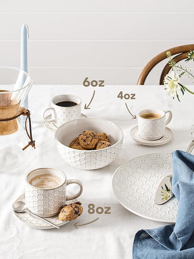 LE TAUCI 8 oz Stackable Latte Cups with Saucers and Stand, Set of 4, Large Ceramic Coffee Cup and Saucer Set for Tea, Cafe Au Lait, Microwave & Oven Safe - Embossed White