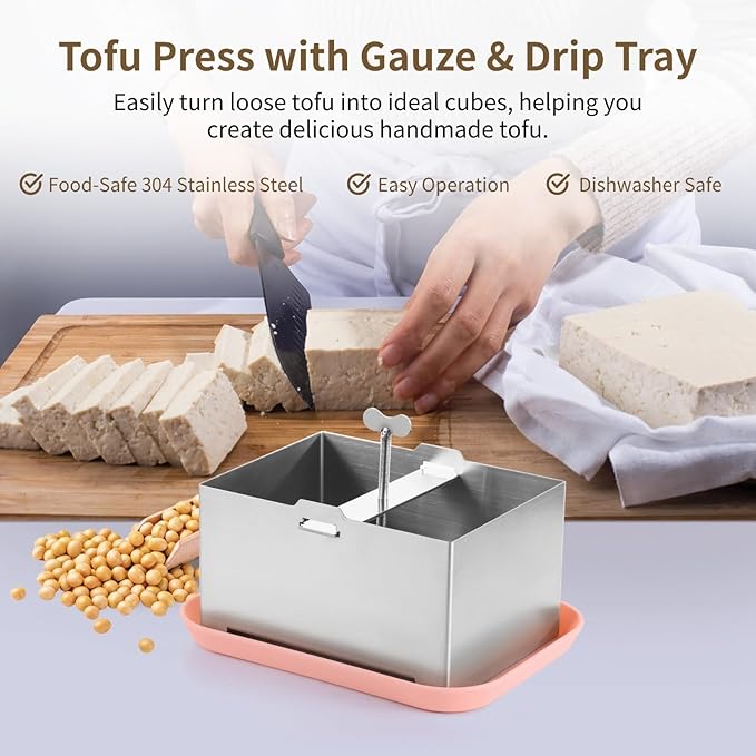 for Firm Or Extra Firm Tofu, Tofu Presser, 304 Stainless Steel Tofu Maker, Tofu Press Kit, Vegan Tofu Making Tool with Drip Tray & Gauze
