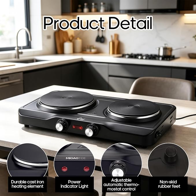 1800W Electric Hot Plate for Cooking, Double Burner with 7.2"&6.1" Cast Iron Heating Plate, Portable Cooking Stove, Adjustable Temperature Controls, Easy to Clean, Compatible for All Cookwares