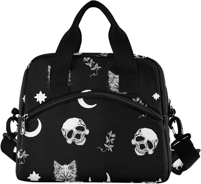 Skull Cat Moon Gothic Insulated Lunch Bag Reusable Lunch Tote Bag Cooler Bag for Women Men Adult Lunch Box with Adjustable Shoulder Strap Leakproof Lunch Bag for Work School Picnic Camping