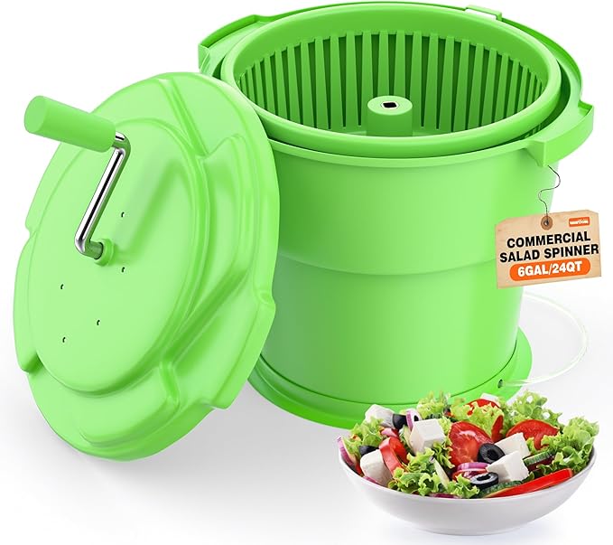 WantJoin Commercial Salad Spinner - 6 Gallon Salad Dryer w/Silicone Anti-slip Mat & Draining Hose, Green, 24Qt Manual Salad Spinner for up to 7 Heads of Lettuce Spinner Large for Catering