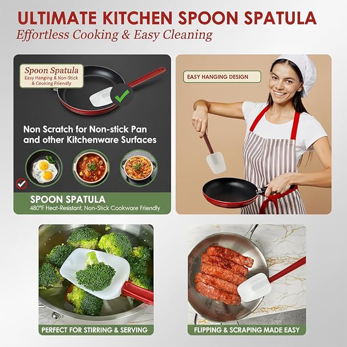 Commercial Spoonula Rubber Spatula Set, High Heat Spatula Spoon 16 Inches, Commercial Spatula for Cooking, Rubber Spatula Set Resistant to 500℉ (1 Scrapers+1 Spoonula 16"/L)