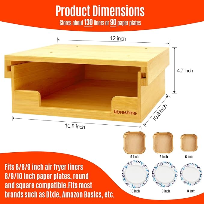 Libreshine Bamboo Kitchen Organizer - 6/8/9 Inch Air Fryer Liner Dispenser, 8/9/10 Inch Paper Plate Holder Under Cabinet, Vertical Storage Rack for Countertop & Shelf