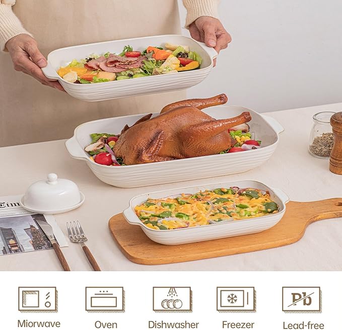 Baking Dish for Oven, Ceramic Casserole Dishes Set for 3, Rectangular Lasagna Pan Deep, Baking Pans with Handle, 12.9“/10.8"/8.4" Bakeware Sets for Cake, Casserole, Kitchen Wedding Gifts, Arctic White