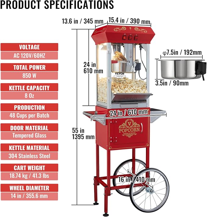 VEVOR Commercial Popcorn Machine, 8 Oz Kettle, 850 W Popcorn Maker on Wheels for 48 Cups per Batch, Theater Style Popper with 3-Switch Control Steel Frame Tempered Glass Doors Cart 1 Scoop 2 Spoons | 850W Theater Style Popper, On Wheels, 48 Cups per Ba...