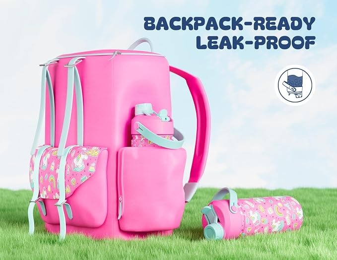 POWCAN 2 Pack 18 oz Insulated Water Bottle for School: Leakproof, 2-in-1 Straw Spout Lid, BPA-Free, Keep Cold 24 Hrs, Stainless Steel Cup for Girls Boys Kids (Sweetheart Bow & Cute Unicorn)
