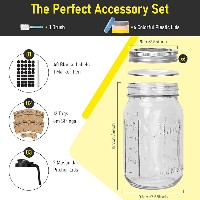 CycleMore 32 oz Wide Mouth Mason Jars with Airtight Metal Lids, 6-Pack Canning Jars with Colorful Plastic Lids & Pitcher Lid, Quart Jars for Overnight Oats, Pickling, Cold Brew, and Sun Tea