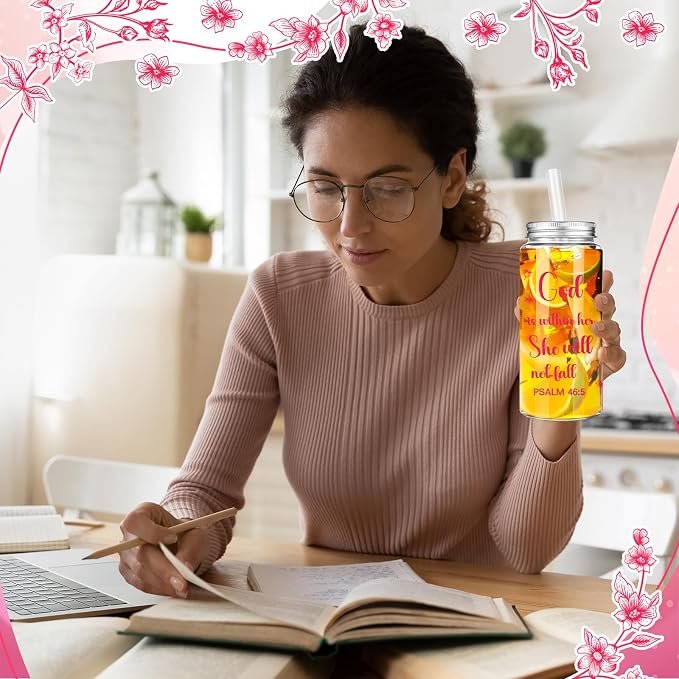 Skylety 24 Pcs Christian Cups for Women Bulk God Is Within Her She Will Not Fall 14 oz Plastic Tumbler with Lid and Straw Religious Bible Verse Gift for Church Mom Women