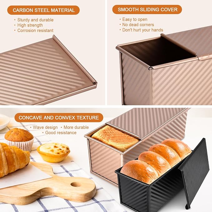 3Pack Pullman Loaf Pans with Lids – 2.2 LB & 1 LB & 1 LB Dough Capacity, Non-Stick Carbon Steel Bread Pans for Homemade Sandwich and Sourdough Bread, Corrugated Toast Mold