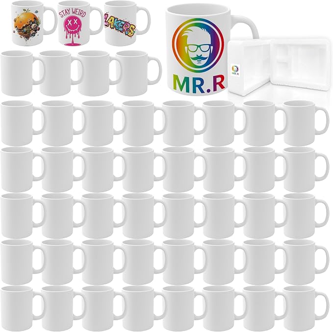 MR.R Set of 48 Sublimation Blanks Dishwasher White Ceramic Coffee Mugs 11oz Blank Ceramic Classic Drinking Cup Mug for Milk Tea Cola Water