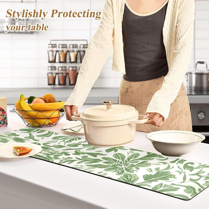 2 in 1 Table Runner Trivet for Hot Pots and Pans Heat Resistant Non Slip Waterproof 39 x 12 Inch Decorative Table Protector for Kitchen Countertop Green Vintage Flower Bohemian