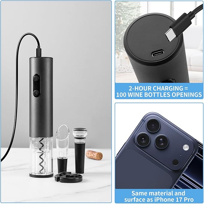 Wine Opener Electric Rechargeable, Automatic Corkscrew Set, Including Gold Wine Glass of 2, Stainless Steel Goblet, Ideal Gift for Wine Lover, Wedding, Birthday, Girl, Men