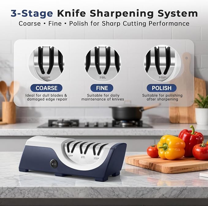 Kitchen Professional Electric Knife Sharpener: 3-Stage 100% Diamond Knife Sharpeners - 15° Precision Electric Sharpening Tool to Restore & Polish Chef Knives | Gift Choice for Chefs & Dads