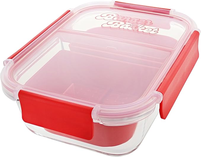 Two Compartment Borosilicate Glass Container Cleaning Tool with Sealable Lid (Red Hot Banger)