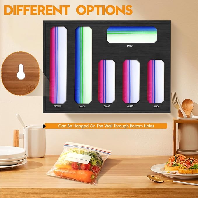 6 in 1 Bamboo Ziploc Bag Storage Organizer, Black Baggie Organizer for Drawer with Sliding Lid - Fits Gallon, Quart, Sandwich, Snack & Freezer Bags, Wall Mountable Kitchen Drawer Organization