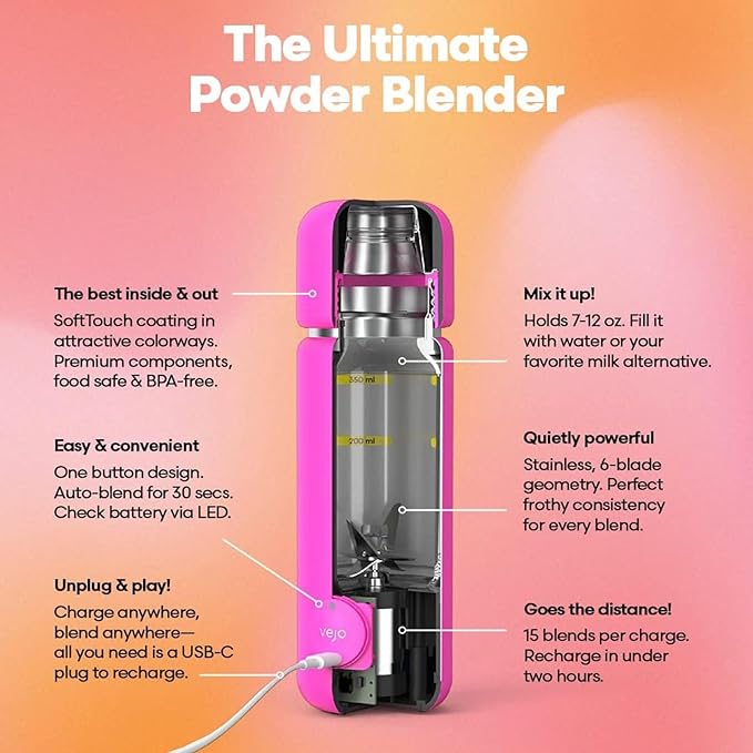 VEJO 12oz Electric Protein Shaker Bottle – USB Rechargeable Powder Mixer for Protein Shakes, Pre-Workout, Creatine | No Clumps, No Ball | 6-Blade Blending | BPA-Free | Gym Bag Travel Size | Yellow