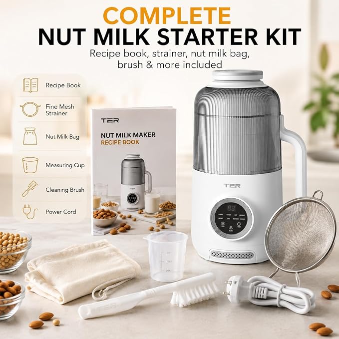 TER 40oz Nut Milk Maker Machine, 10-in-1 Automatic Soy Milk Maker for Almond, Oat & Plant-Based Milk, Self-Cleaning Milk Maker with 12H Delay Start, Keep Warm, Boil Water, Soup & Juice Upgraded
