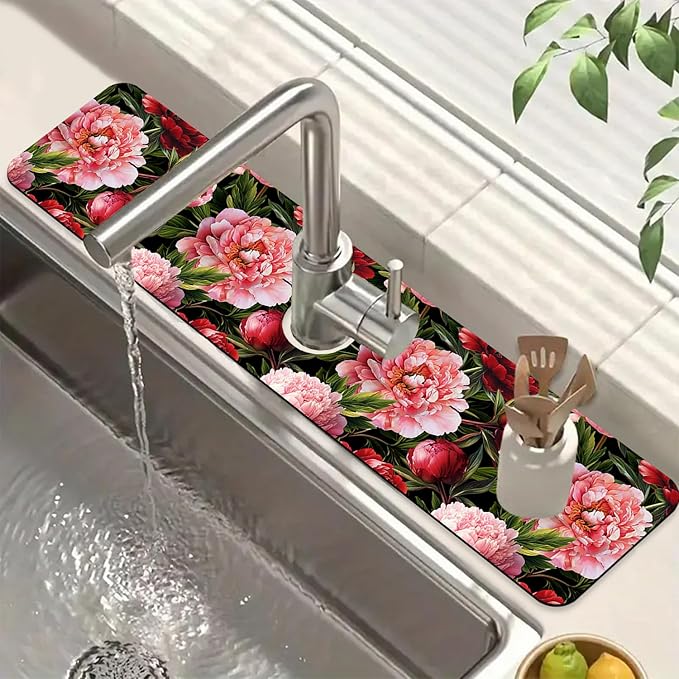 Blooming Peony Sink Splash Guard Pink Peony Flowers Faucet Absorbing Mat Fast Drying Mat Sink Gadgets Splash Guard Behind Faucet Drip Catcher for Kitchen Bathroom, 23.5"x5.5"