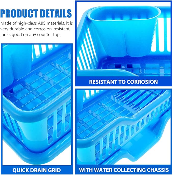 IMIKEYA Sink Dish Rack Drainer Plastic Dish Drying Draining Rack Over The Sink Kitchen Tableware Drying Basket with Cutlery Holder for Kitchen Counter Blue