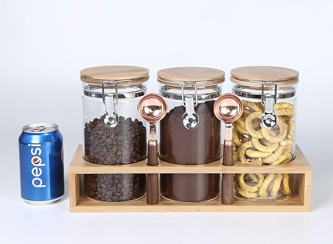 KKC Glass Coffee Jar Set of 3 with Bamboo Lids & Spoons | 40oz Airtight Coffee Bar Accessories & Organizer for Countertop | Clear Sugar and Coffee Container Set for Ground Beans & Tea