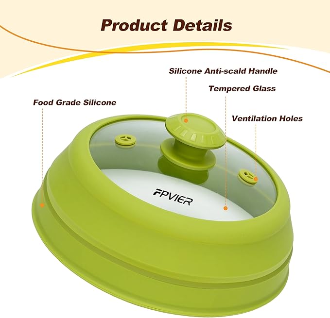 Microwave Splatter cover, Glass Microwave Cover for Food, Guard Lid with Collapsible Silicone for 6-8 inch Plates & Bowls, Dishwasher Safe, Heat Resistant, BPA-Free, 9 inch Green
