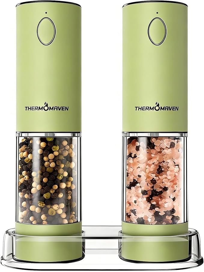 ThermoMaven Electric Salt and Pepper Grinder Set, 110ml Larger Rechargeable Automatic Salt and Pepper Mill Grinder with 6 Adjustable Coarseness, Electric Salt and Pepper Shakers, LED, Pistachio