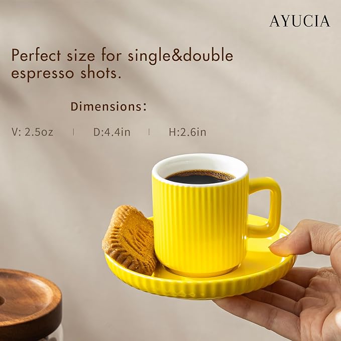 2.5OZ Mini Espresso Cups Set of 4, Yellow Ceramic Demitasse Espresso Mugs with Saucers, Small Coffee Cups for Single/Double Espresso Shots