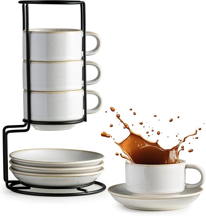 Gomakren 6 Ounce Cappuccino Cups with Saucers and Metal Stand, Stackable Coffee Cup Set of 4, Father's Day Porcelain Espresso Cups for Coffee Drinks, Cappuccino, Latte, Americano, Tea, White