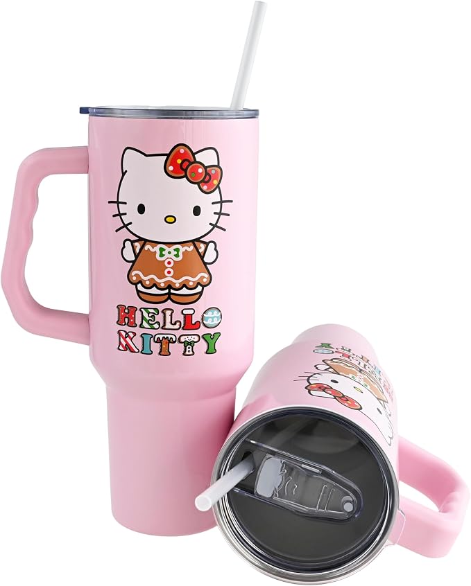 Silver Buffalo Sanrio Hello Kitty Holiday Gingerbread Dress Double Walled Stainless Steel Tumbler with Handle, Fits in Standard Cup Holder, 40 Ounces