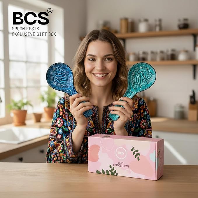 BCS Spoon Rest Set of 2 - Ceramic Spoon Holder for Stovetop & Kitchen Counter - Dishwasher Safe Handmade Kitchen Utensil (Turquoise 4.5" W x 9" L)