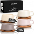 MIAMIO – 11 Oz., Set of 4 Ceramic Tea Cup and Saucer Bamboo/Tea Mug - Wide Cappuccino Cup, Coffee Cups Ceramic Mug for Cappuccino, Latte, Espresso & Americano - Luxe Collection (Cream Rose)