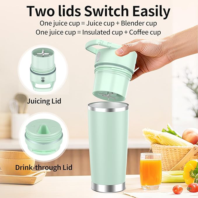 Portable Blender for Smoothies&Shakes 24oz Insulated Cup Cordless, Personal Small Licuadora Portatil With Stainless Steel Bottle, USB-C Rechargeable Travel Blender, BPA Free (Green)