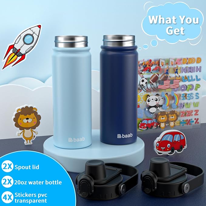 baab 20oz Kids Water Bottle, Insulated Kids Water Bottle with Lockable Spout Lid & Stickers, 18/8 Stainless Steel Vacuum Leakproof Kid Water Cup for Boy Girl & School (Navy Blue+Light Blue, 2 Pack)