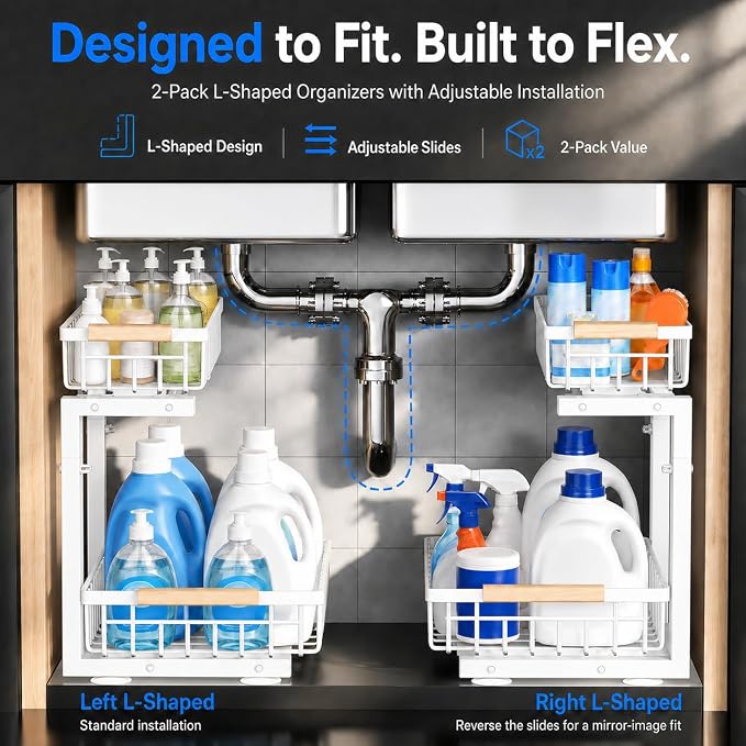 𝐆ee𝐁om Under Sink Organizer, Pull Out Kitchen Storage Cabinet Organizer, 2-Tier Metal Slide Out Shelf for Bathroom Laundry Kitchen Storage with Drawers, 11.8"W x 15.9"D x 13.8-16.9"H, White, 2 Pack
