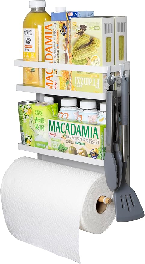 Magnetic Spice Rack for Refrigerator Magnetic Paper Towel Holder for Fridge Magnetic Shelf Magnetic Shelves Fridge Magnet Organizer Spice Rack Kitchen Organization Kitchen Storage(White)