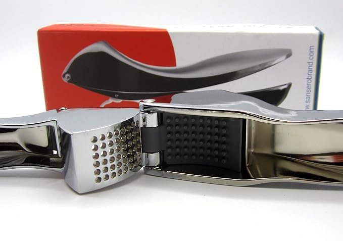Japanese Garlic Press - Stainless Steel Garlic Press with Built-In Cleaning Tool - Garlic Mincer Spring Loaded Scraper- Kitchen Gadget Essentials - Peeler for Unpeeled Garlic Cloves - Dishwasher Safe