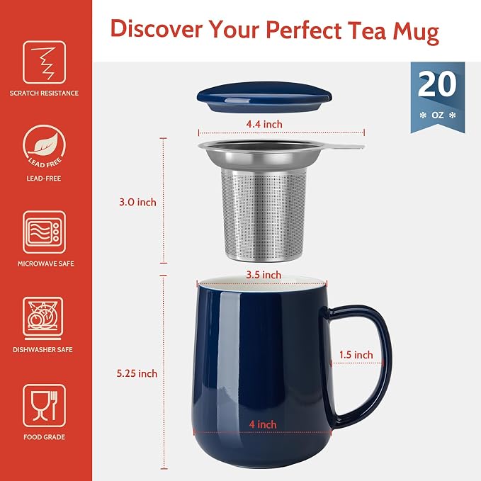 Sweese 20oz Porcelain Teacup with Infuser and Lid, Large Tea Mug for Loose Tea - Microwave and Dishwasher Safe, Insulated, Modern Design for Tea Lovers